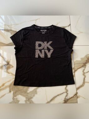 DKNY Y2K Silver Tone Glittering Bedazzled DKNY Logo Black Tee - Size L
